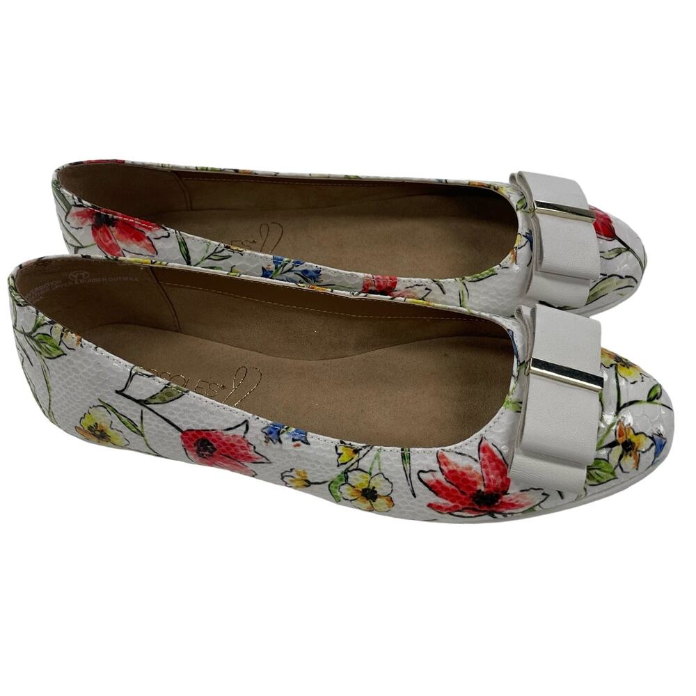 Aerosoles White Multicolor Floral Print Bow Accent Leather Ballet Flat Women's 7